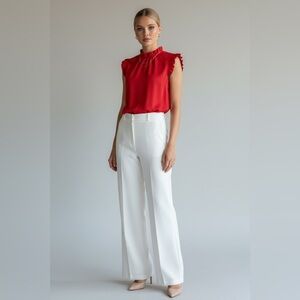 Red Ruffle Sleeve Mock Neck Blouse Women’s Medium Elegant Work Top